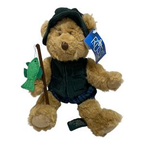 Russ Berrie Plush Bear Montana Fishing Fisherman Stuffed Corduroy Sitting 8”